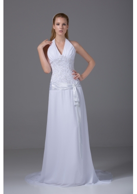 Halter Top Column Chiffon Appliques And Ruch Wedding Dress