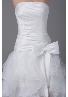 High-low Strapless Ruching Bow Organza Wedding Dress