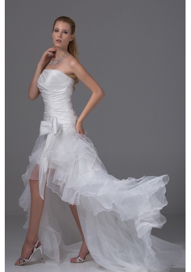 High-low Strapless Ruching Bow Organza Wedding Dress