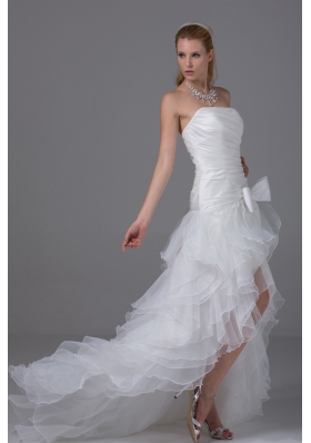 High-low Strapless Ruching Bow Organza Wedding Dress