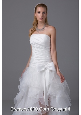 High-low Strapless Ruching Bow Organza Wedding Dress