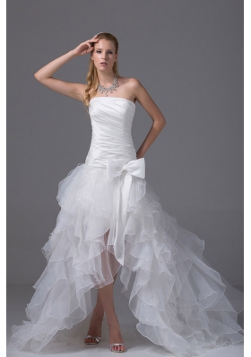 High-low Strapless Ruching Bow Organza Wedding Dress