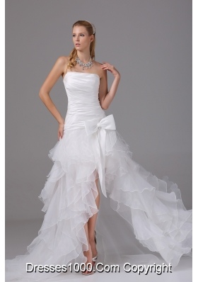 High-low Strapless Ruching Bow Organza Wedding Dress