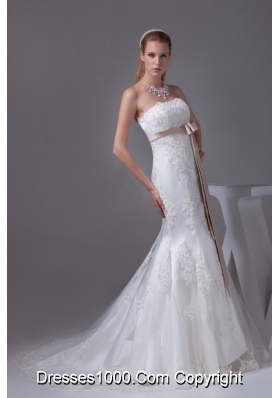 Lace Sash Strapless Mermaid Court Train Wedding Dress