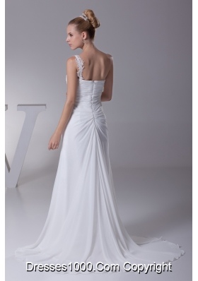 One Shoulder High Slit Ruching Appliques Wedding Dress