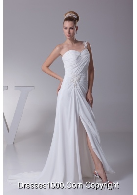 One Shoulder High Slit Ruching Appliques Wedding Dress