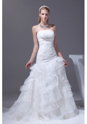 Ruffled Layers A-line Brush Train Strapless Wedding Dress