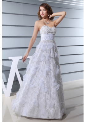 White Beading Sweetheart Hand Made Flowers Wedding Dress