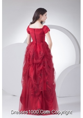 Wine Red Tulle Short Sleeves Hand Made Flowers Prom Dress