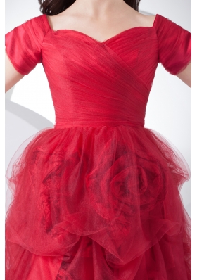 Wine Red Tulle Short Sleeves Hand Made Flowers Prom Dress