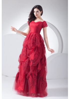 Wine Red Tulle Short Sleeves Hand Made Flowers Prom Dress