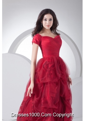 Wine Red Tulle Short Sleeves Hand Made Flowers Prom Dress