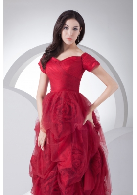 Wine Red Tulle Short Sleeves Hand Made Flowers Prom Dress