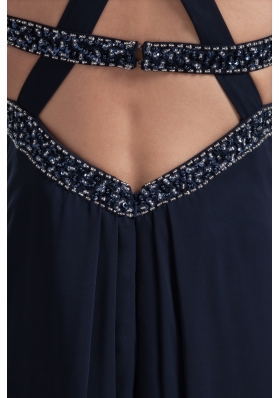 Beading Navy Blue straps Empire Ankle-length Prom Dress