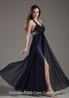 Beading Navy Blue straps Empire Ankle-length Prom Dress
