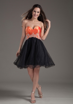 Orange Red and Black A-line Sweetheart Mini-length Organza Appliques Prom Dress