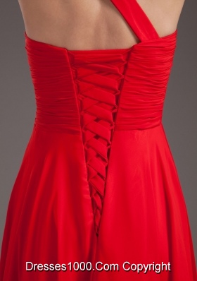 Red Empire One Shoulder Floor-length Chiffon Beading Prom Dress