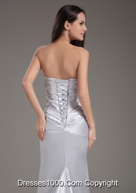 Silver Strapless Beading Brush Train Column Prom Dress