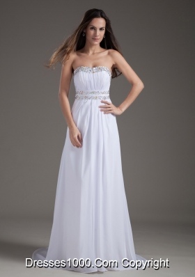 White Empire Strapless Brush Train Chiffon Beading Prom Dress
