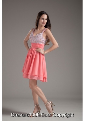 Discount A-Line Straps 2013 Short Watermelon Prom Dress with Beading