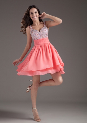 Discount A-Line Straps 2013 Short Watermelon Prom Dress with Beading