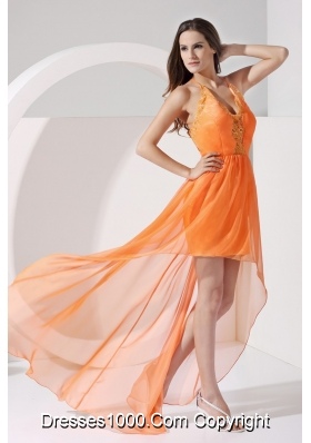 Halter Top V-neck Sheath High Low Prom Dress with Appliques