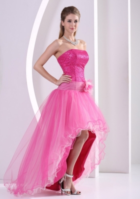 High-low Hot Pink Seqinces Decorate Prom Celebrity Dress