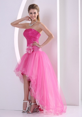 High-low Hot Pink Seqinces Decorate Prom Celebrity Dress