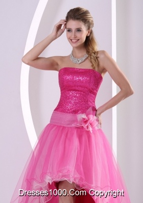 High-low Hot Pink Seqinces Decorate Prom Celebrity Dress