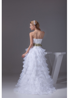 White High-low Embroidery Organza Prom Dress for Women with Sash