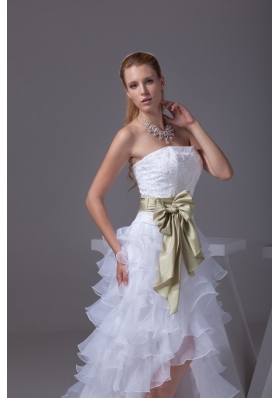 White High-low Embroidery Organza Prom Dress for Women with Sash