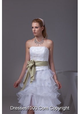 White High-low Embroidery Organza Prom Dress for Women with Sash