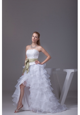 White High-low Embroidery Organza Prom Dress for Women with Sash