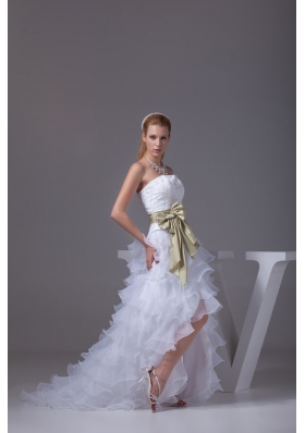 White High-low Embroidery Organza Prom Dress for Women with Sash