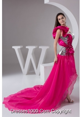 Asymmetrical Court Train Hot Pink Prom Dresses with Flowers