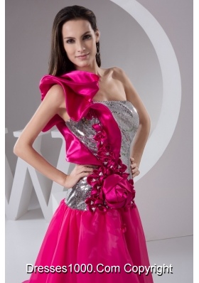 Asymmetrical Court Train Hot Pink Prom Dresses with Flowers