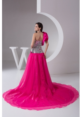 Asymmetrical Court Train Hot Pink Prom Dresses with Flowers