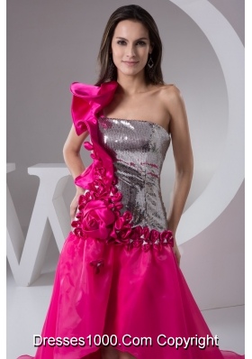 Asymmetrical Court Train Hot Pink Prom Dresses with Flowers