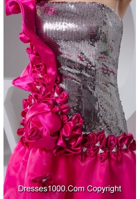 Asymmetrical Court Train Hot Pink Prom Dresses with Flowers