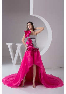 Asymmetrical Court Train Hot Pink Prom Dresses with Flowers