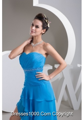 Ruche Beading and Sash Back Covered Prom Dresses with Asymmetrical Edge