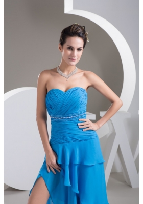 Ruche Beading and Sash Back Covered Prom Dresses with Asymmetrical Edge