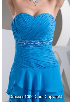 Ruche Beading and Sash Back Covered Prom Dresses with Asymmetrical Edge