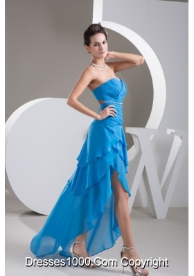 Ruche Beading and Sash Back Covered Prom Dresses with Asymmetrical Edge