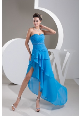 Ruche Beading and Sash Back Covered Prom Dresses with Asymmetrical Edge