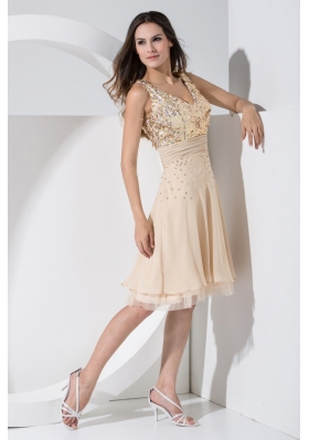 V-neck Knee-length  Prom Dresses with Sequins and Ruched Sash