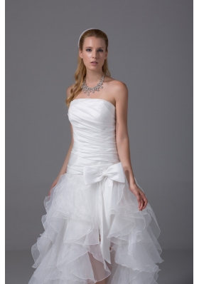 2013 A-line Strapless Ruching and Ruffles High-low Wedding Dress with Organza