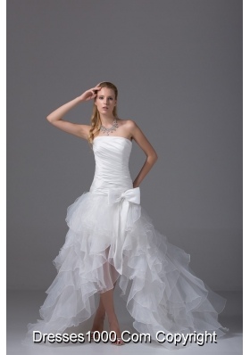 2013 A-line Strapless Ruching and Ruffles High-low Wedding Dress with Organza