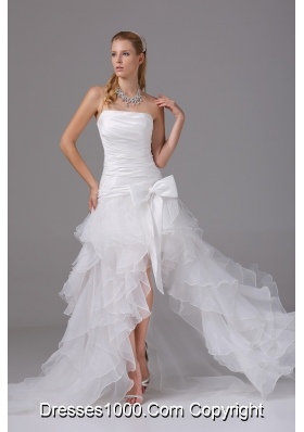 2013 A-line Strapless Ruching and Ruffles High-low Wedding Dress with Organza