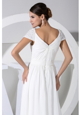 Beaded Cap Sleeves Sweetheart Long Wedding Dresses in White